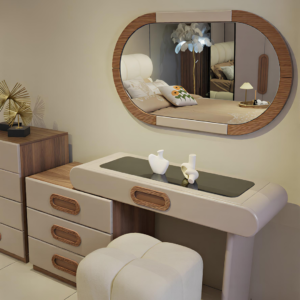 Coiffeuse design Nova Star en MDF hydrofuge grain de sable mat et mélaminé Hamilton avec miroir ovale