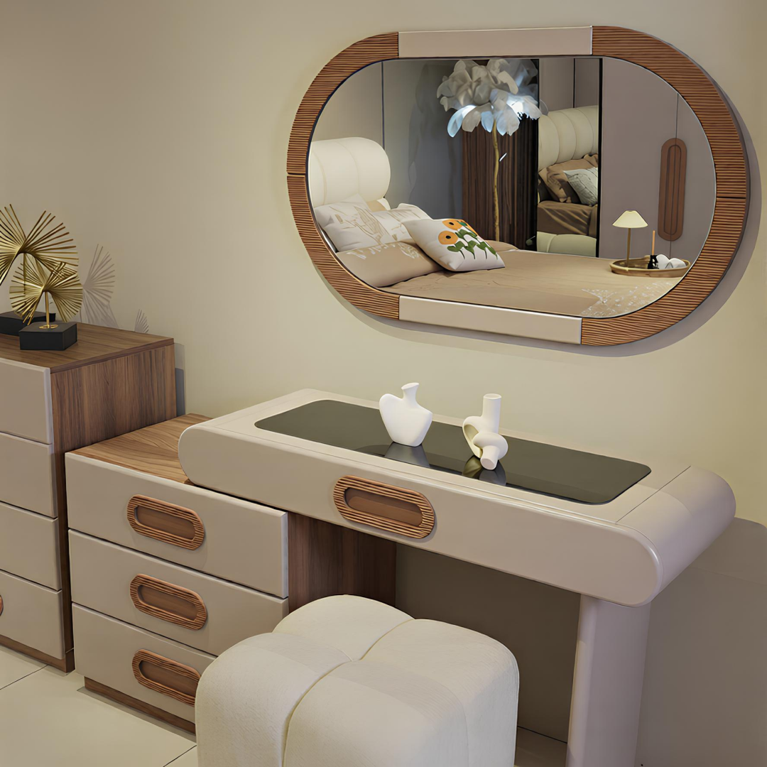 Coiffeuse design Nova Star en MDF hydrofuge grain de sable mat et mélaminé Hamilton avec miroir ovale